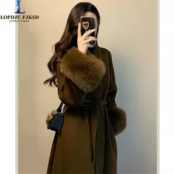 Cappotto in lana francese da donna, polsini in pelliccia di volpe sintetica, vita regolabile, elegante giacca in cashmere femminile, alta qualità, autunno inverno