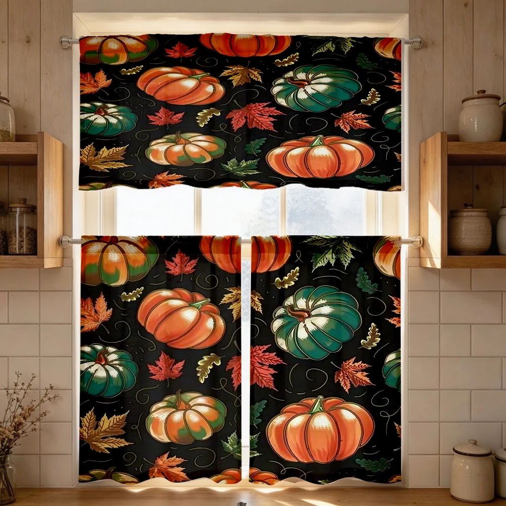 Thanksgiving Fall Kitchen Curtains, Black Pumpkin, Digital Print, Kitchen Dining Room, Rod Pocket Polyester, Home Decor