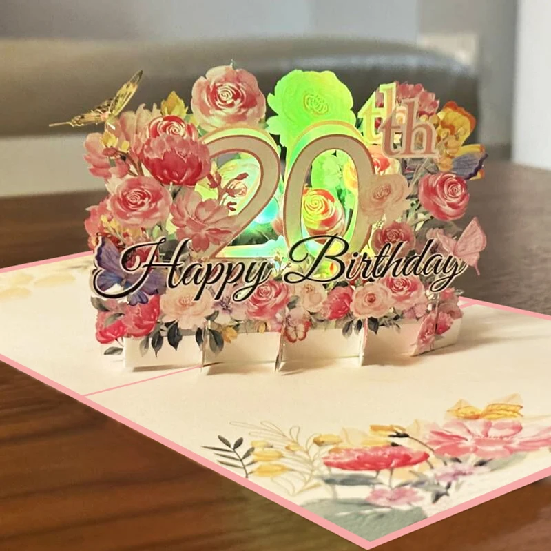 3D Pop Up LED Light Happy Birthday Anniversary Invitation Card with Music Laser Cut Luxury Greeting Paper Gift Card