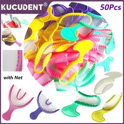 KUCUDENT 50Pcs/Bag Dental Bite Impression Triple Trays Mold Disposable Plastic Registration Tray with Net Teeth Holder Colorful