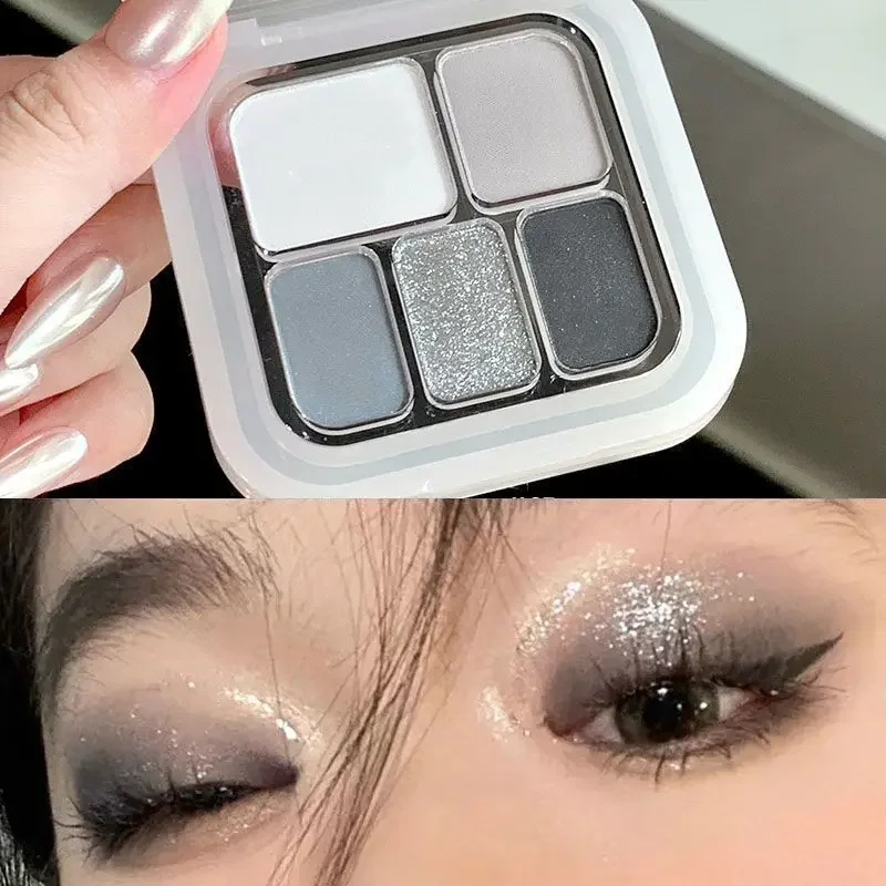 5-Color Punk Smokey Eye Makeup Eyeshadow Palette Silvery White Cement Gray Dark Black Matte & Shimmer Lasting Party Makeup