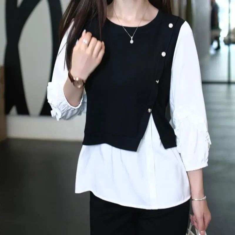 Office Lady Casual Round Neck Fake Two Pieces Blouse Spring Autumn All-match Patchwork Stylish Button Female Ruffles Loose Shirt