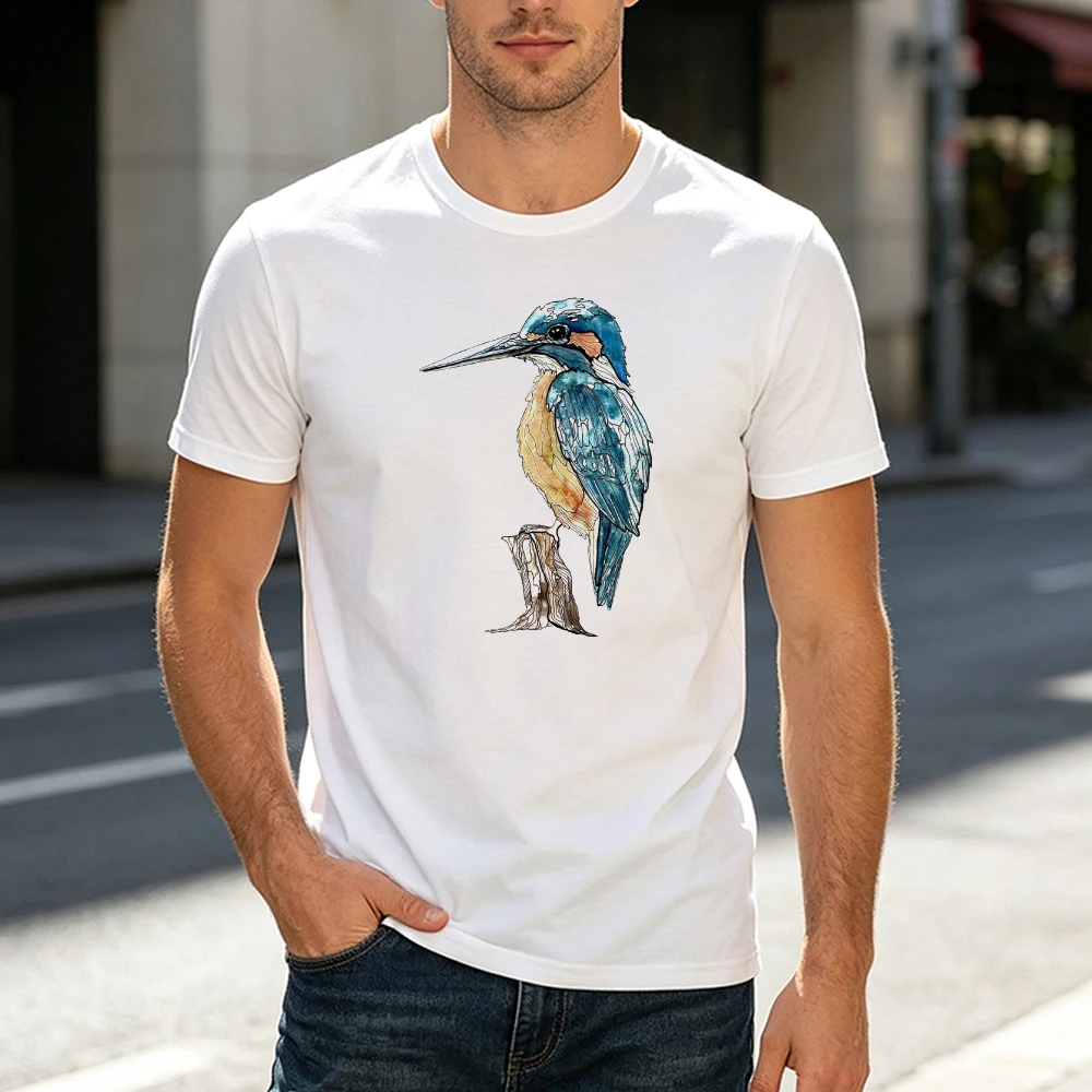 Watercolor Kingfisher Bird On Stump Male Crewneck T Shirt Elegant Wildlife Painting Art Tee Top Fashionable Minimalist Design