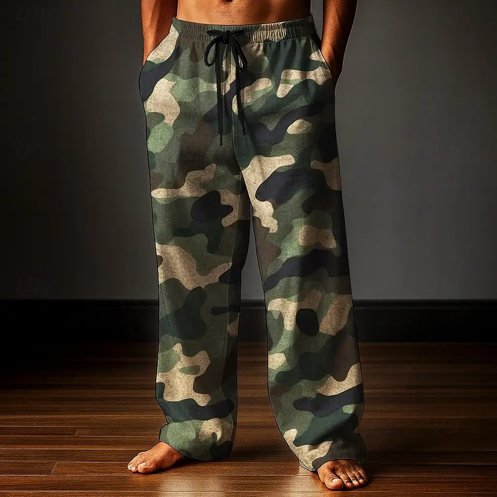 2026 Men's Pants Camouflage Printed Trousers Baggy Pants Casual Pants Mid Waist Elastic Drawstring Waist Pants Streetwear Fall