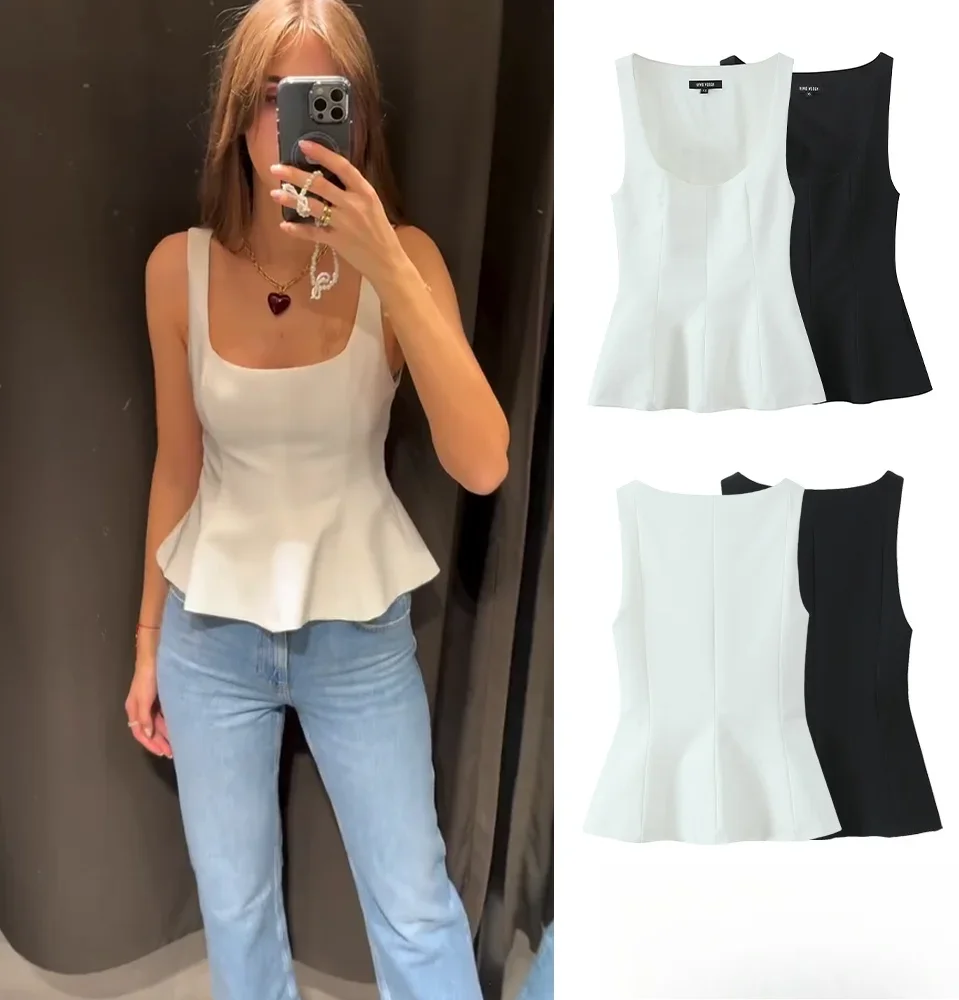 

KONDALA Women Fall Elegant Skirt Hem Tops Square Neck Sleeveless Top New 2025 Fashion Spring Summer Fall High Street Simple Tops