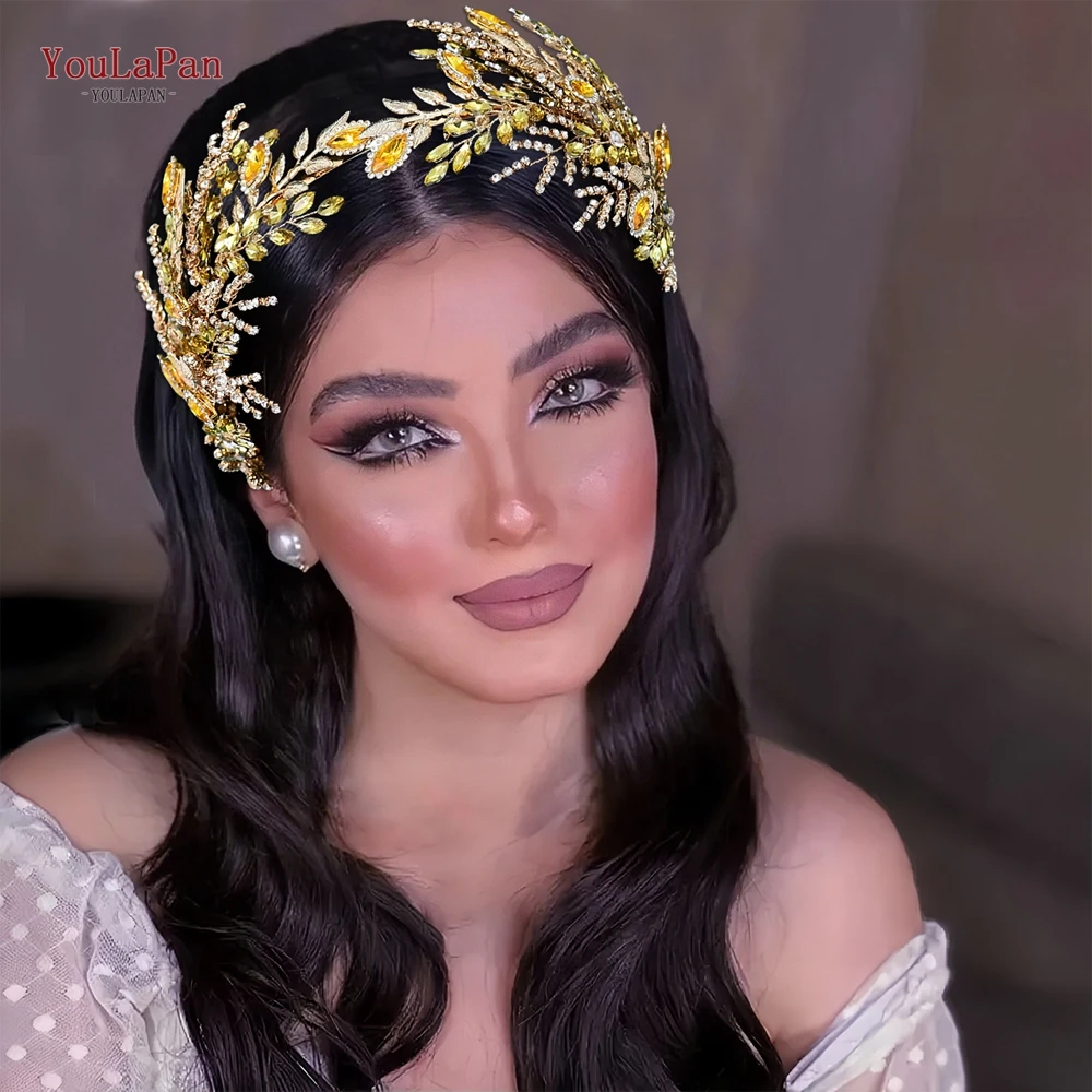

YouLaPan Luxury Golden Color Bride Head Hoop Bling Rhinestone Headpiece Wedding Hair Accessories Women Banquet Headwear HP948