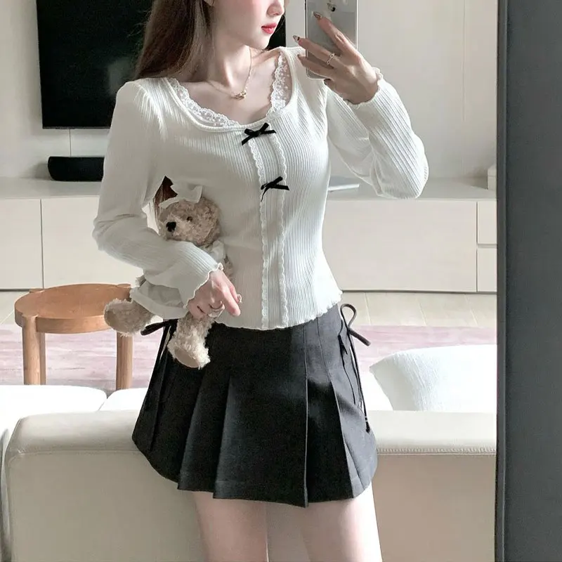 

Women's Clothing Lace Spliced T-shirts Sweet Bow Spring Autumn Solid Color Basic Slim Square Collar Casual Long Sleeve Pullovers