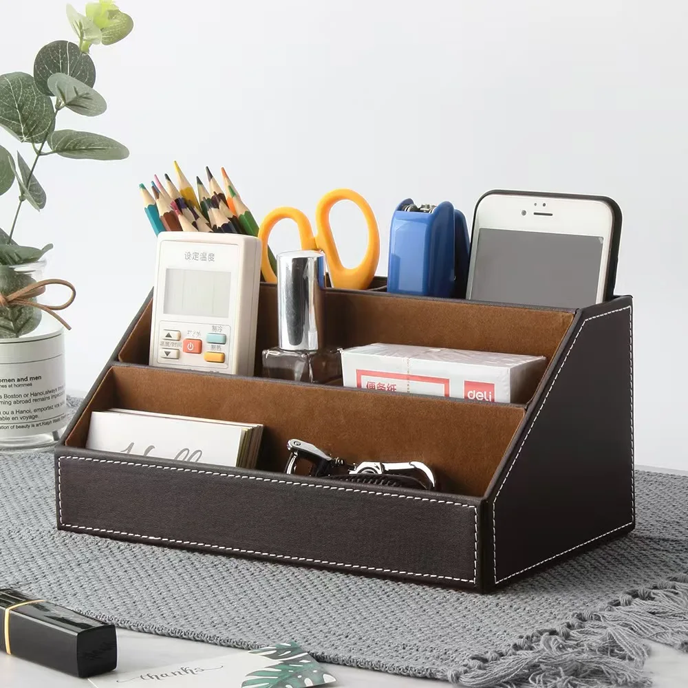 

PU Leather Desk Stand Skin Care Cosmetic Organizer Pen Holder Desktop Accessories Storage Grids Container Gifts Box Case