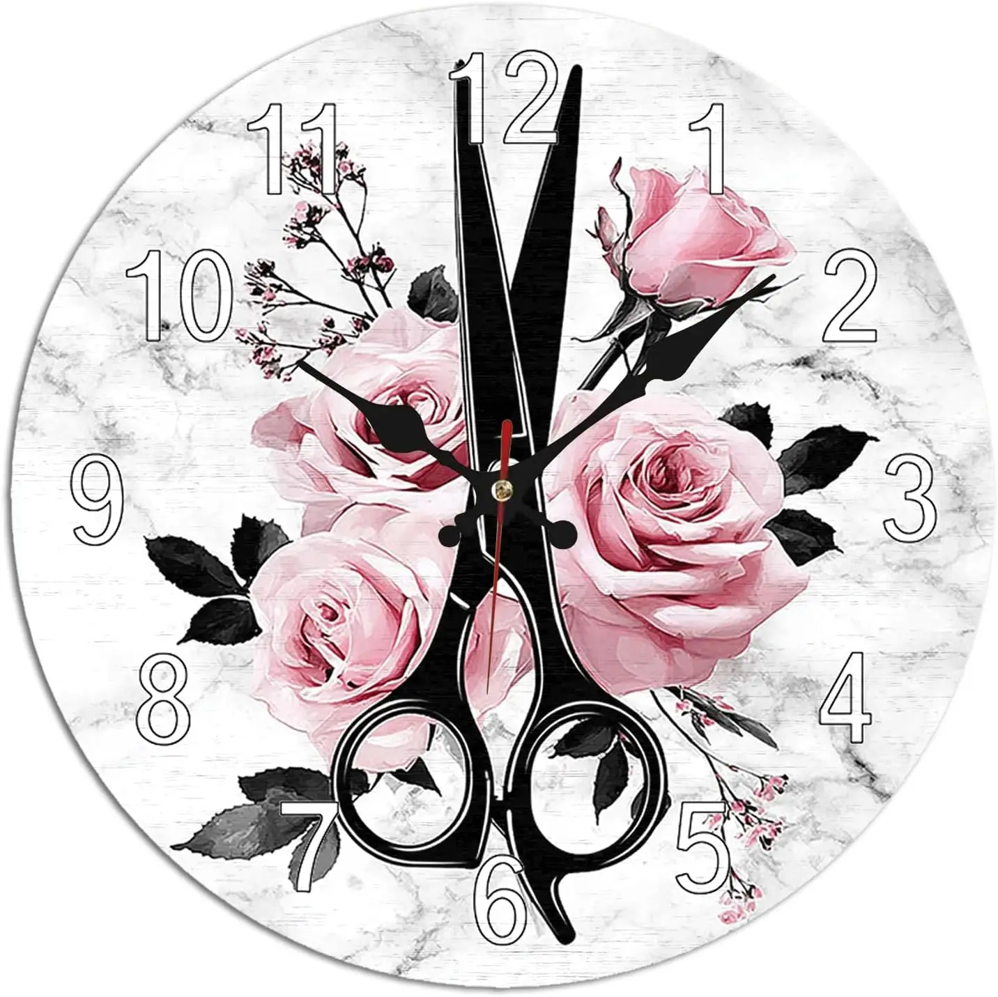Black Hairdressing Scissors Pink Rose Wall Clock - 10 Inch Silent Non-Ticking Timepiece - Elegant Marble Decorative Clocks