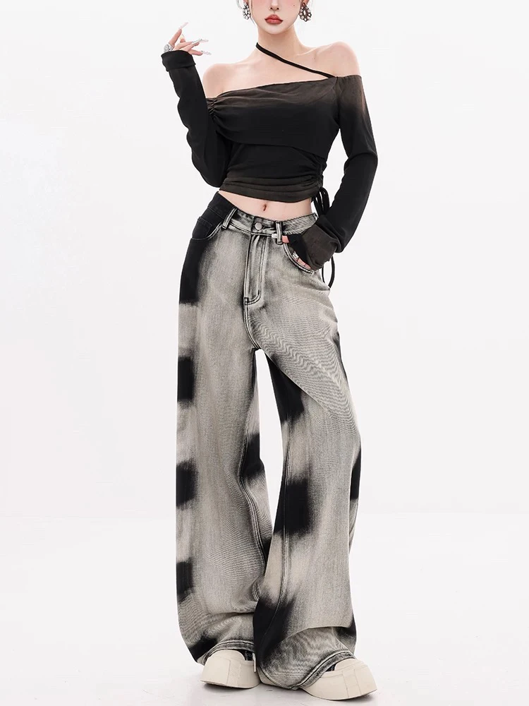 Autumn New High Waist Loose Woman Jeans American Retro Tie Dye Women Jeans Fashion Street Slim Basic Wide Leg Pants Female Chic