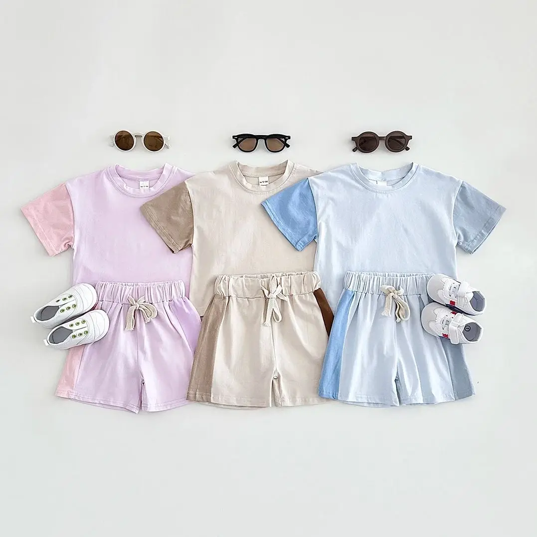 Summer Baby Boy Girl Solid Color Stitching Short Sleeve Top+Shorts Sets Outfits Children Tshirts Pants Suit Cotton Baby Clothes