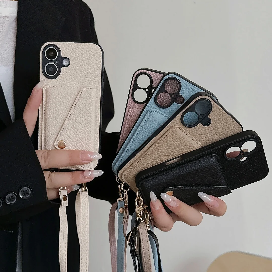 Crossbody Lanyard Leather Card Holder Pocket Wallet Case For iPhone 11 12 13 14 15 16 17 Pro Max Plus Purse Shell Phone Cover