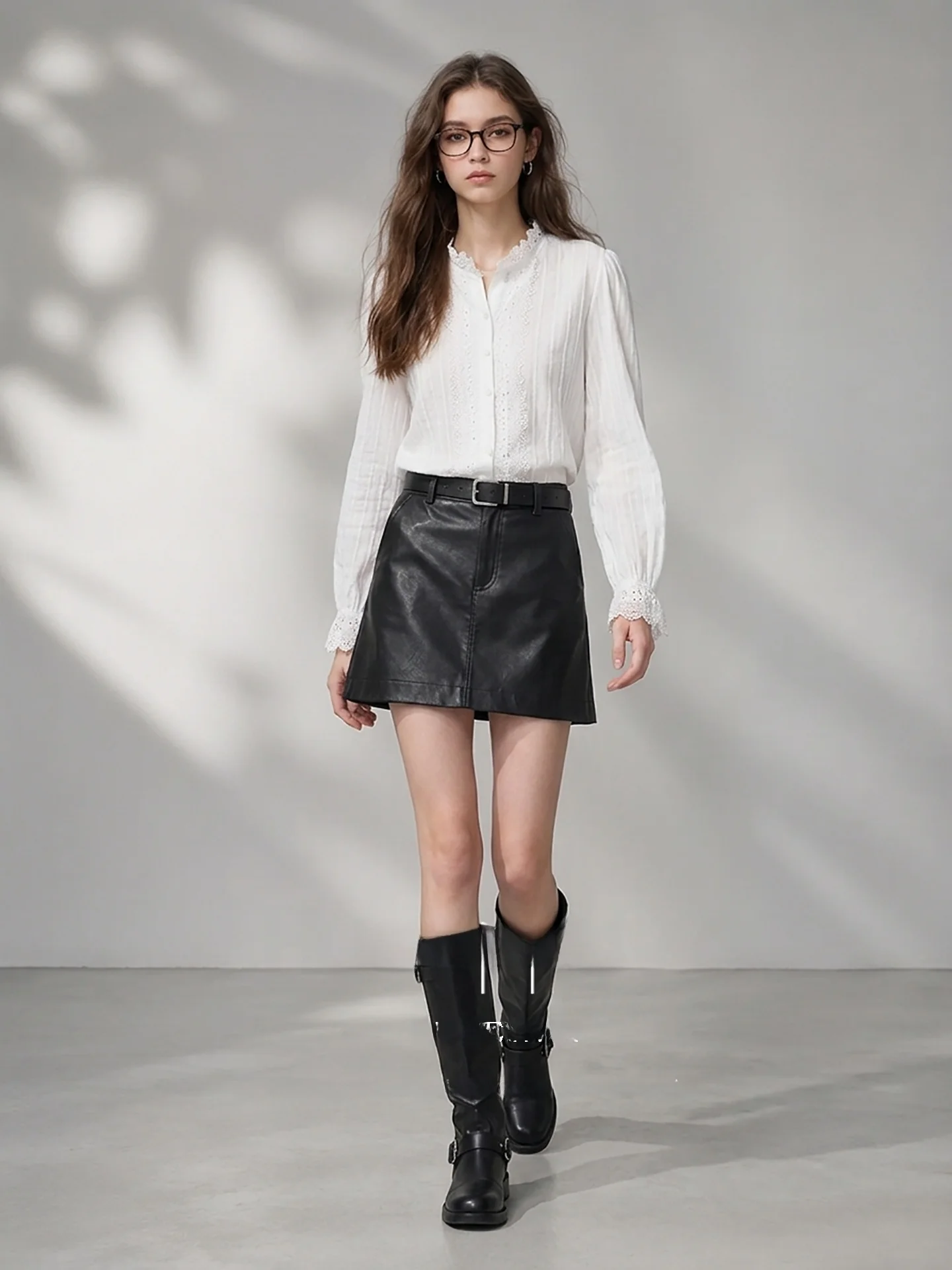 HUAAPPUW White Pure Cotton Lace Trim Splicing Long Sleeve Shoulder Shirt Women's Light Business Initial Autumn New Style