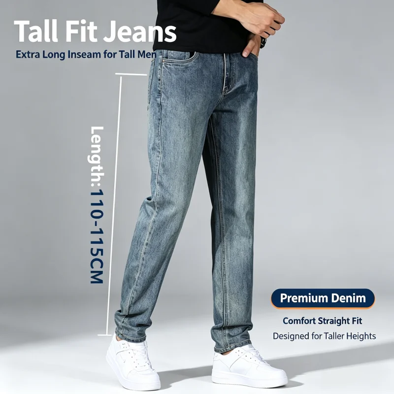 Extra Long Jeans Tall Guys 110CM 115CM Long Thick Pants Elastic Slim Fit Young People Stretched Fashion Boys Male Denim Trousers
