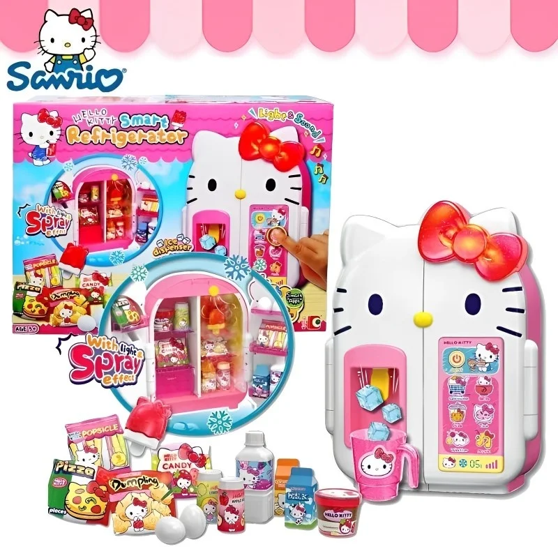 New Sanior Hello Kitty Mini Fridge Girl Simulation Sound Spray Toy Girl Birthday Gift Kitchen Simulation Toy Set Christmas Gift