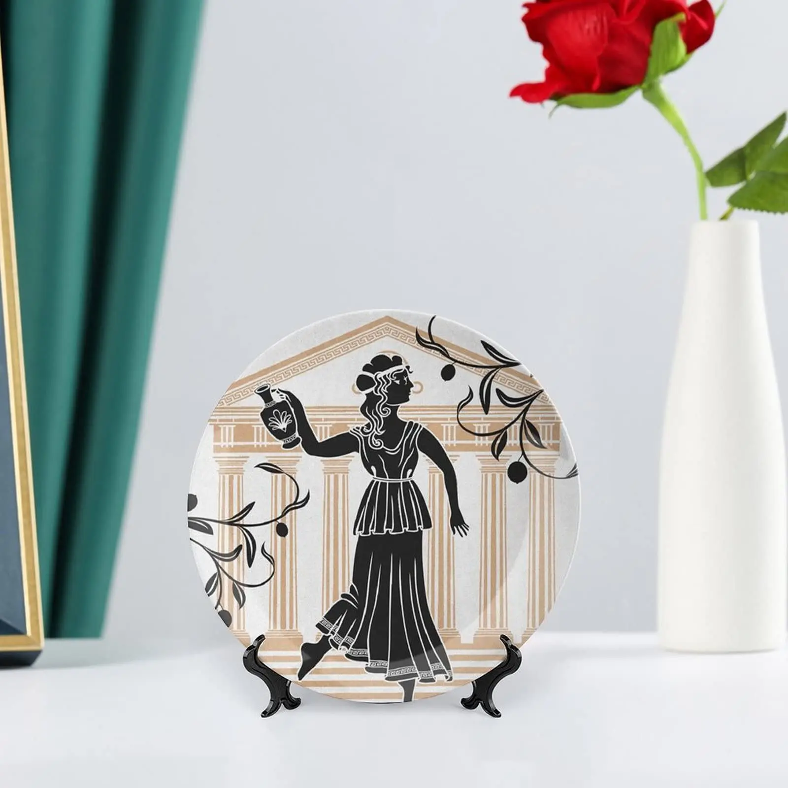 Decorative Plate, Toga Party Tableware Plate, Greek Woman with Amphora Temple and Olive Branches Print Ornament Display Plate