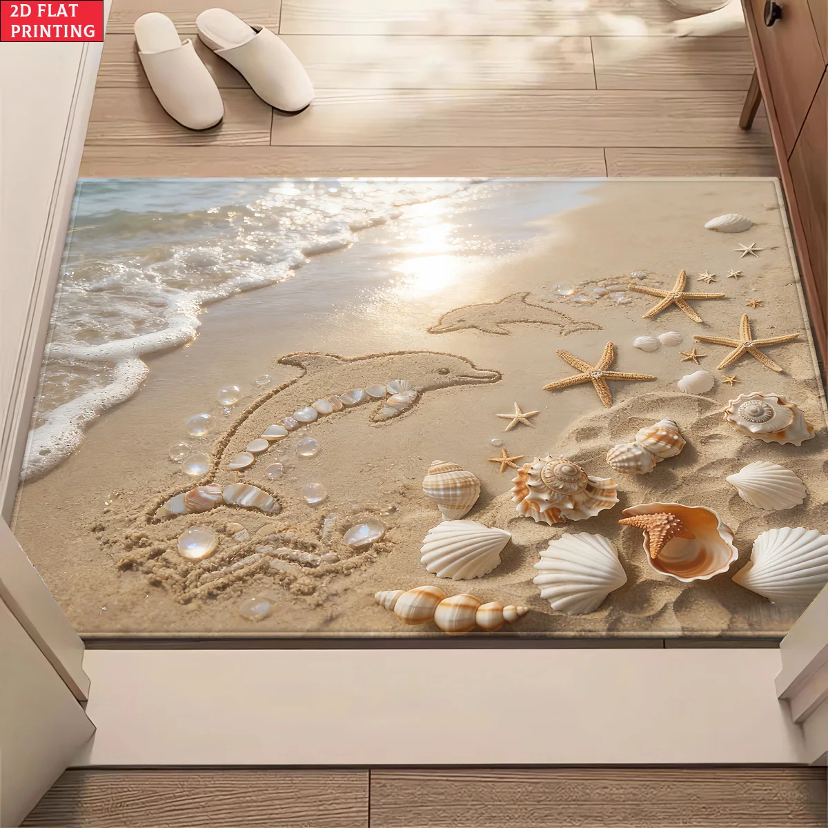 2D HD Flat Print Beach Shells Texture Non Slip Absorbent Washable Rug Mat For Bathroom Kitchen Yoga Indoor