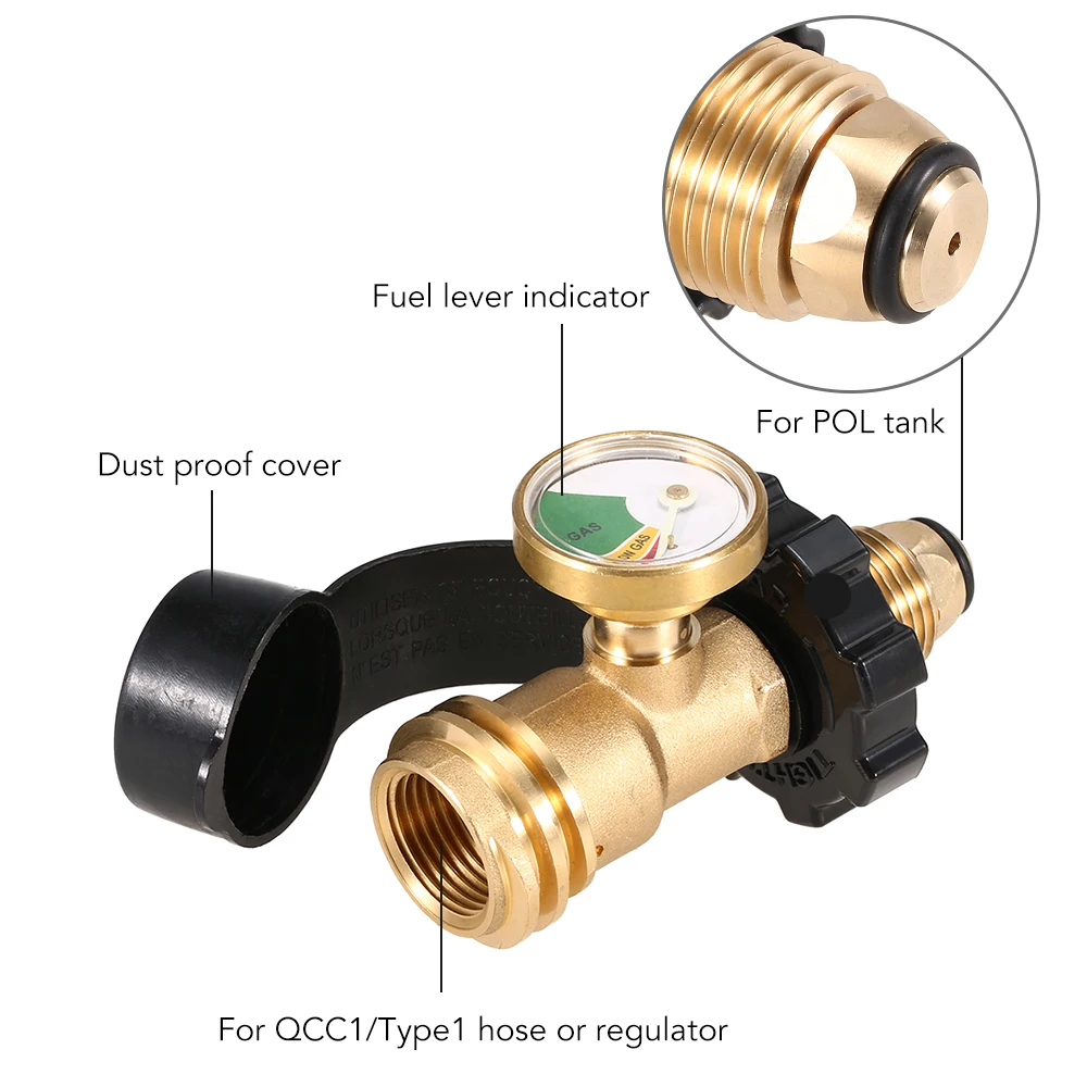 Propane Tank Adapter Solid Brass Regulator Valve Safety POL Tank Convert to QCC1/Type1 Regulator Hose with Gauge Indicator