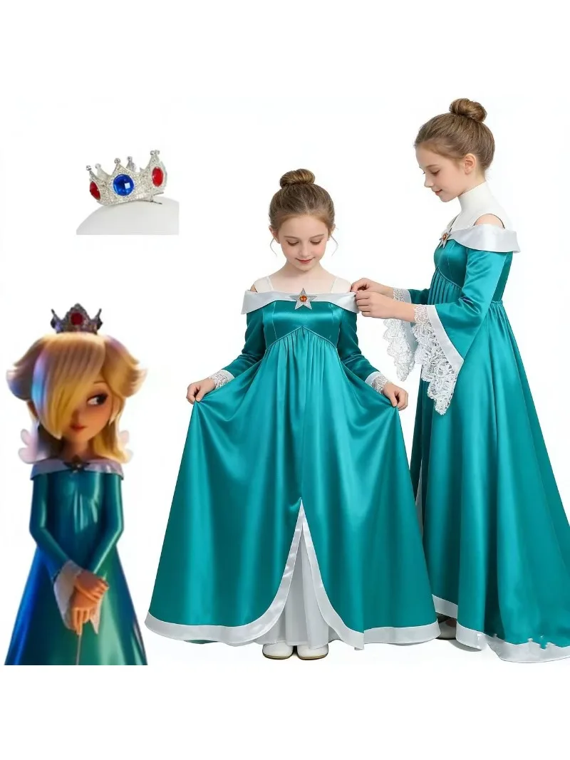Super Movie Rosalina Cosplay Kostuum Meisjes Prinses Baljurk Jurk Kinderen Kroon Accessoires Volledige Set Halloween Carnaval Outfit - afbeelding 2