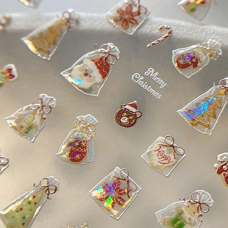 ネイルアートステッカー サンタクロース 雪の結晶 クリスマスツリー クッキーバッグ ネイルステッカー デコレーション 5D ゼリーシェル グロス クリスマス