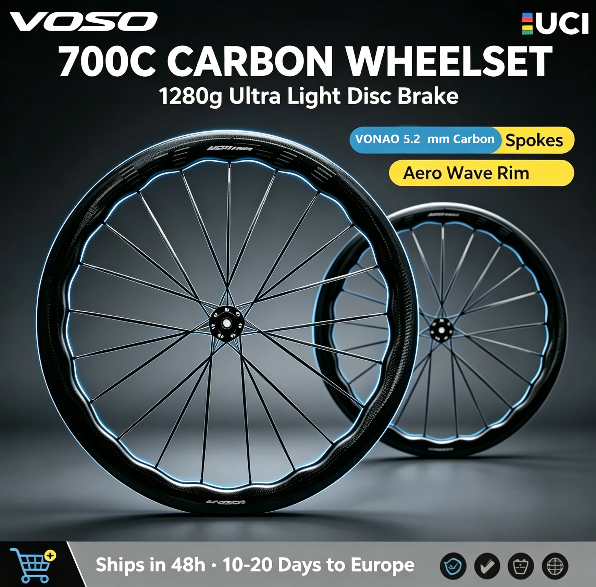 VOSO 700C Rennrad Carbon-Laufradsatz Scheibenbremse 1280g Superleicht Wellenförmige Felge 5,2mm Vollcarbon-Speichen Rennrad-Laufradsatz