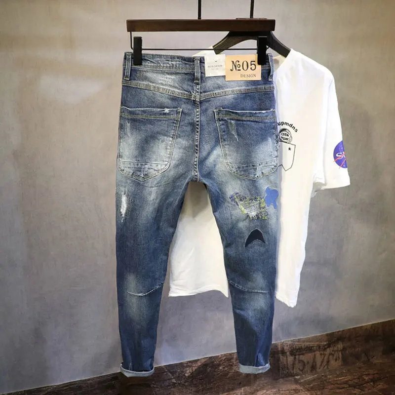 Pantalones vaqueros rasgados elásticos Retro para hombre, Jeans rasgados, diseño bordado, parcheado, Hip Hop, moda urbana, azul