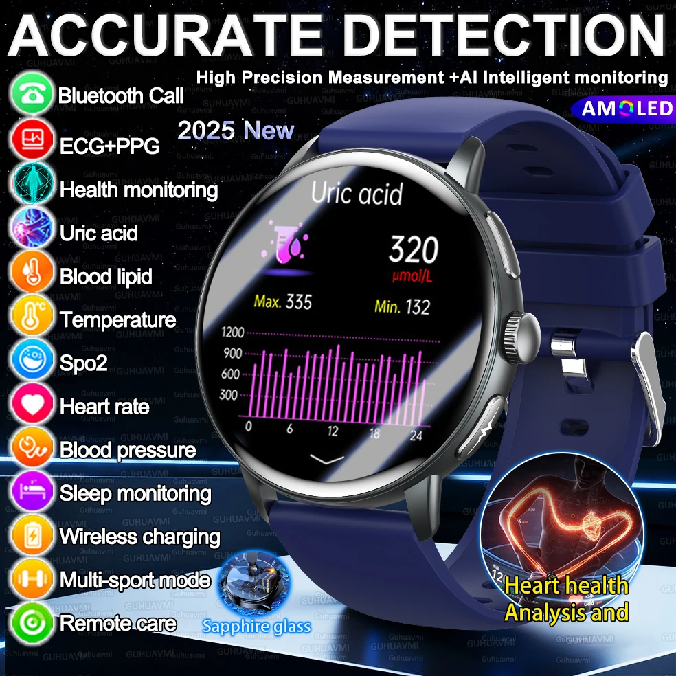 

2025 New Heart Health Analysis Uric Acid Smart Watch Body Fat ECG+PPG BP Blood Oxygen HD Clock BT Call Smart Watch For Men Women