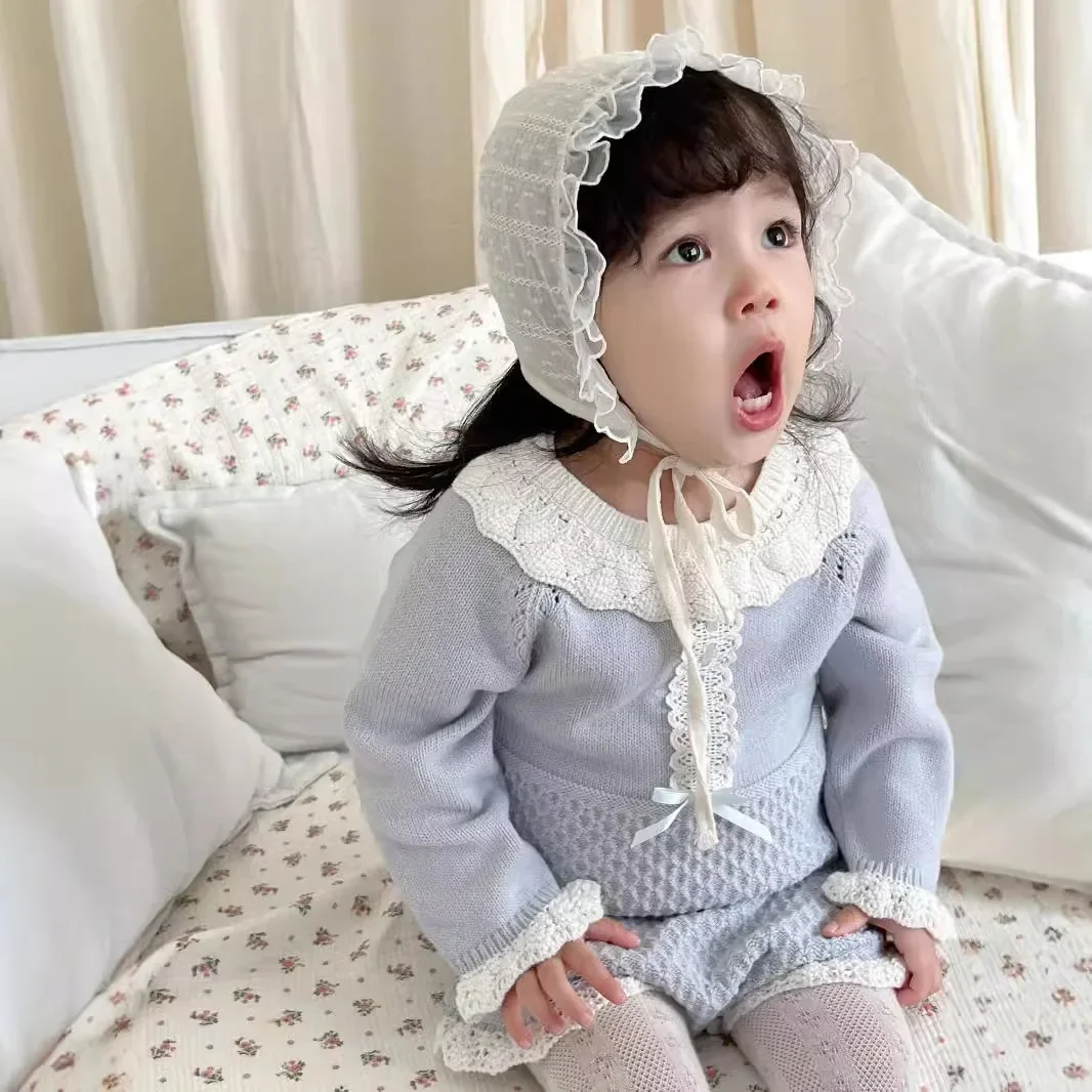 

Baby Girl Knitted Onesie Lotus Leaf Collar Climbing Suit Autumn and Winter Long Sleeve Lace Decorative Triangular Romper