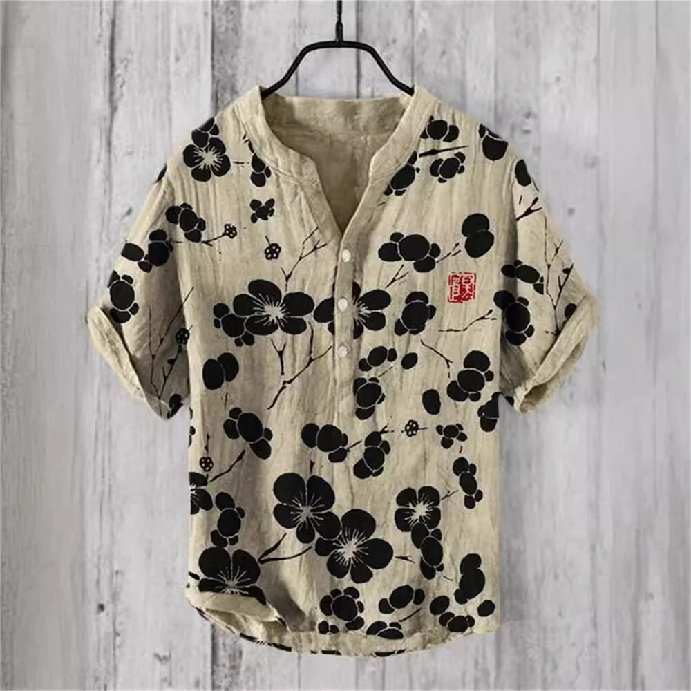 Summer new men's short-sleeved polo shirt printed linen shirt European and American popular elements large size S-5XL