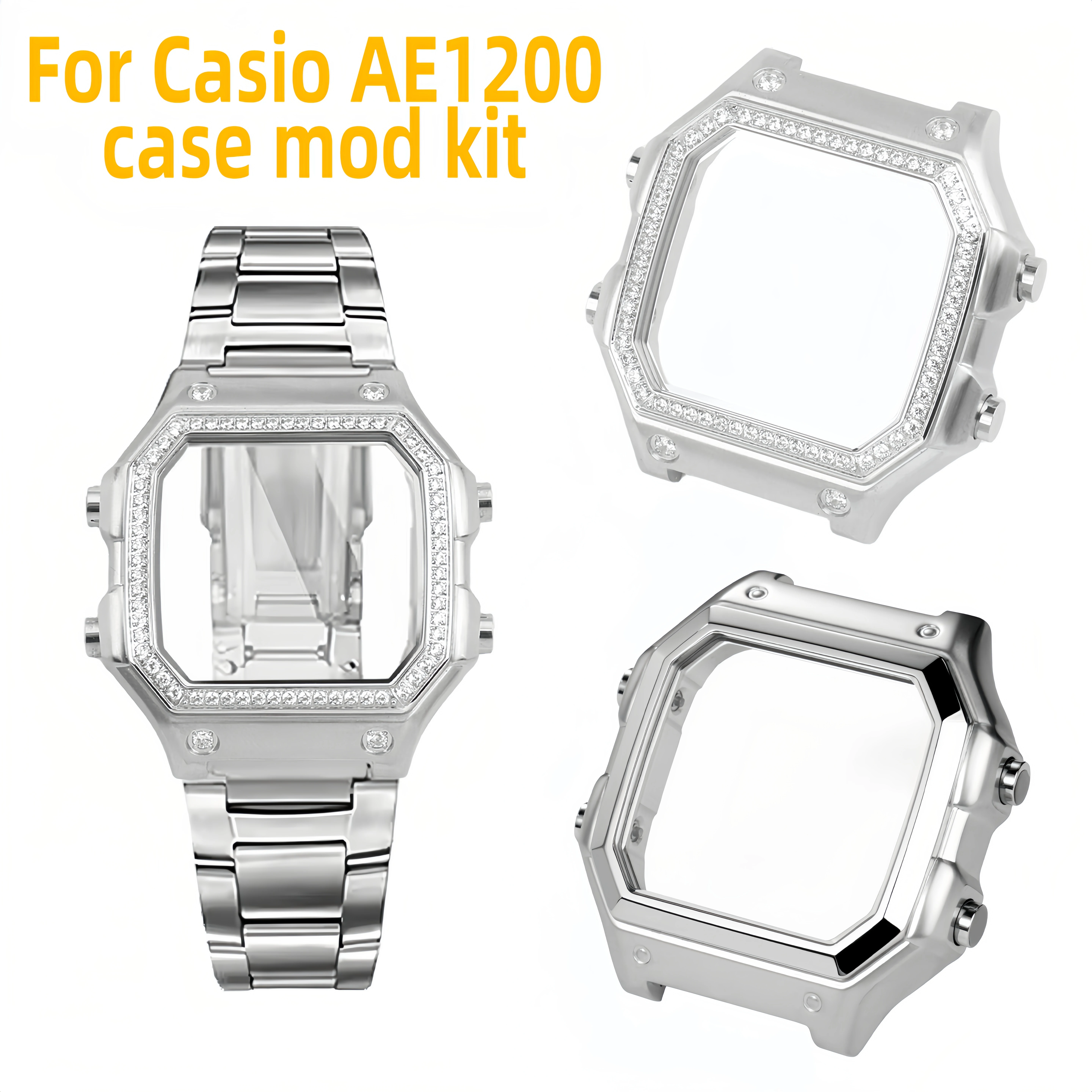 AE1200 Modified Stainless Steel Case with Diamond For Casio Small Square Series AE-1200/AE-1300 Gold Stainless Steel Case Strap