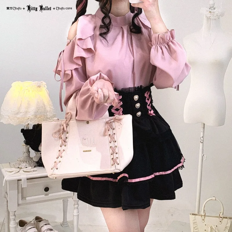 Japanese Rojita Ribbon Girl Strap Off-Shoulder Chiffon Ruffle Long Sleeves Top Blouse Women's Kawaii Clothes 3 Colors Can Choose