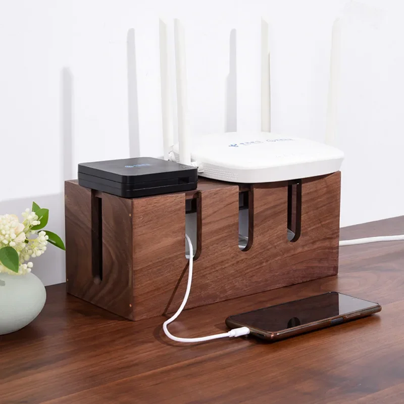 Eco-friendly Solid Wood Plug Board Storage Box Desktop Cable Organizer Set Top Router Management System