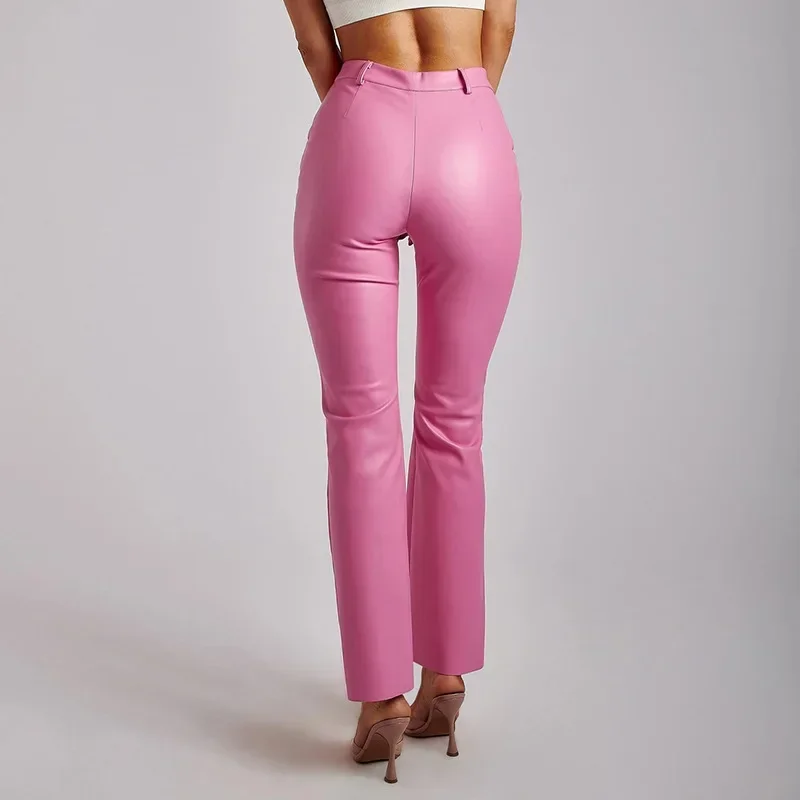 

High Waist Pu Leather Pants Women Casual Stretch Straight-leg Pants Slim Office Lady Vintage With Pocket Temperament Trousers