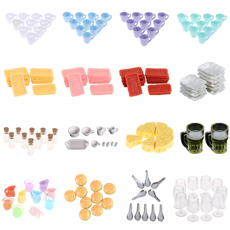 10/33PCS Dollhouse Miniature Trays Plates Cups Dollhouse Tray Doll Mini Food White Dishes Tableware Kitchen Toys Dollhouse Decor