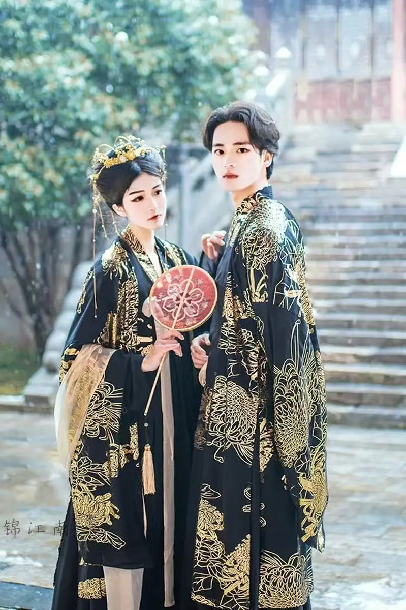 클래식 골드 스탬핑 Hanfu 남자 여자 전통 Chiense 의상 커플 할로윈 이벤트 코스프레 의류 무대 정장 의상