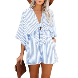 2024 Summer New Striped Print Short Jumpsuits Women Fashion Sexy Deep V-neck Leace-up Bell Short Sleeves Shorts Jumpsuit Female