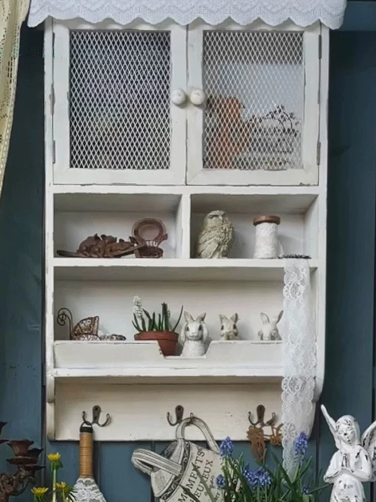 Vintage Wire Mesh Cabinet, White Distressed Metal Wall Storage Unit, 78x51x30cm, French Country Style with Doors and Hooks