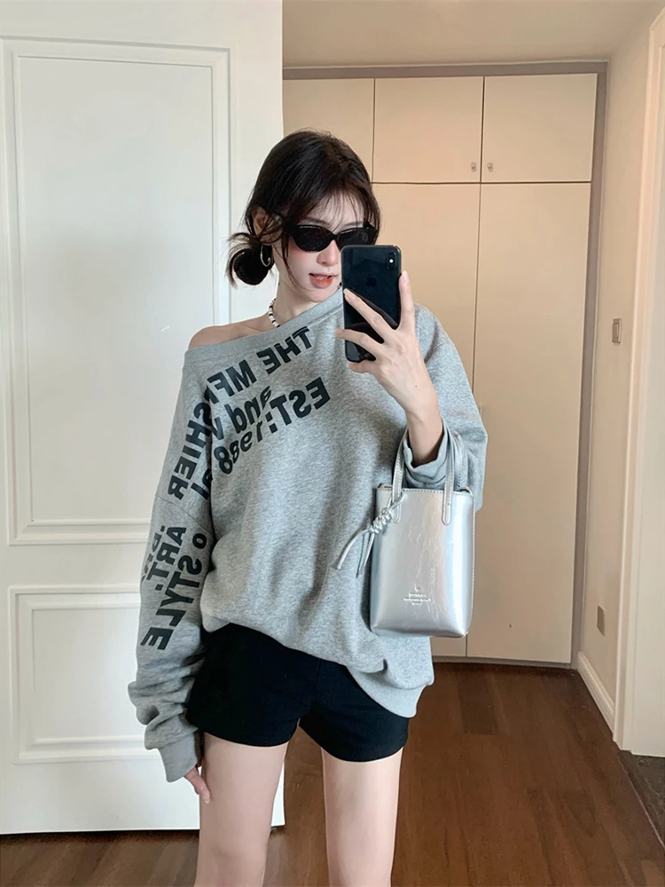 Womens Clothing Grey Vintage Street Sweatshirt Hoodie Letter Printing Long Sleeves Casual Warm Oversize Baggy Ladies Tops Autumn