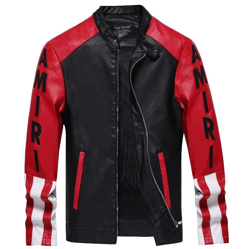 MaiDangDi Hot Selling New European and American Popular Shopee Men's Color Blocked Zipper Printed Washed Leather Jacket