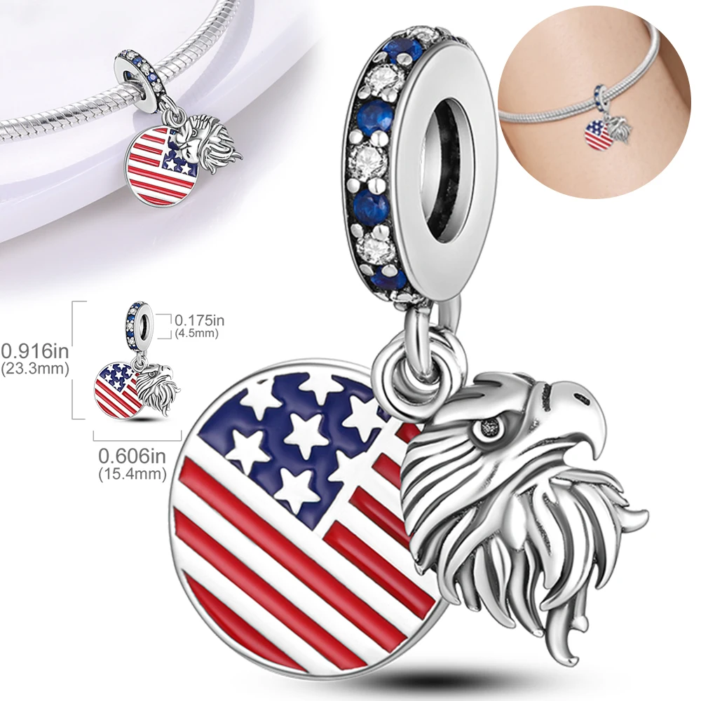 Silver Eagle and America Flag Dangle 925 Sterling Silver Statue Of Liberty Charm Beads Fit Bracelet Necklace DIY Jewelry