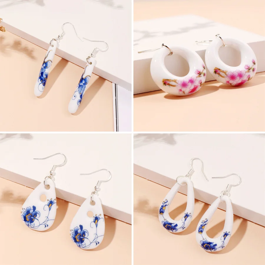 

Handmade Blue and White Porcelain Earrings - S925 Silver Hooks, Retro Ethnic Style Gift for Girls & Students