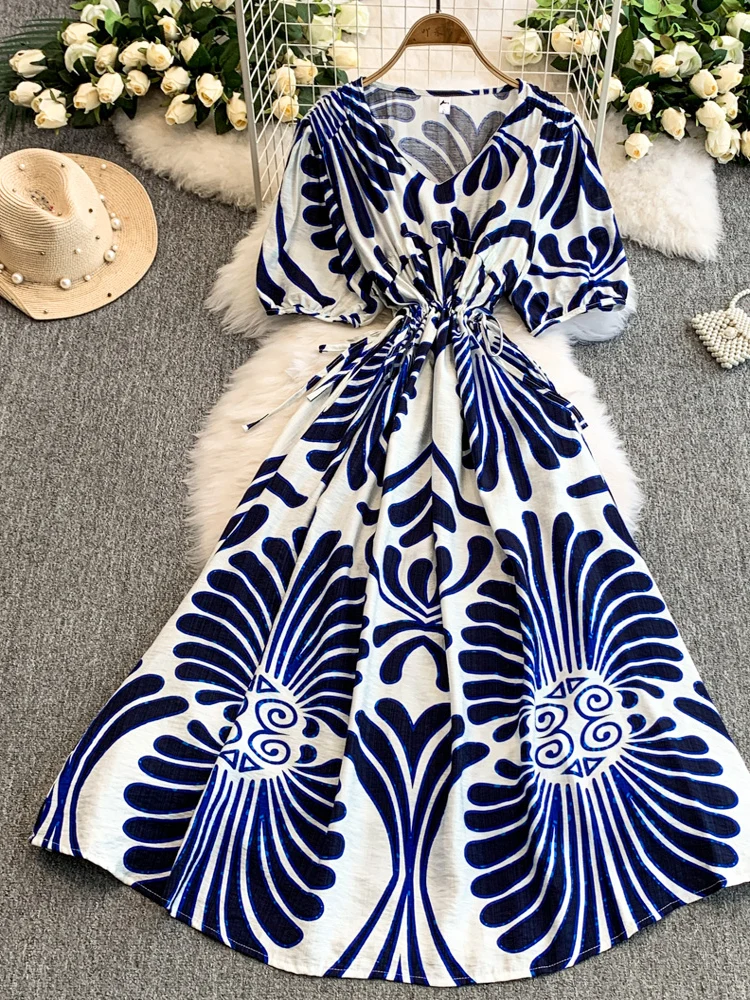 

women 2025 vintage loose v neck summer floral print beach long dress retro drawstring a-line high waist elegant tunic vestidos