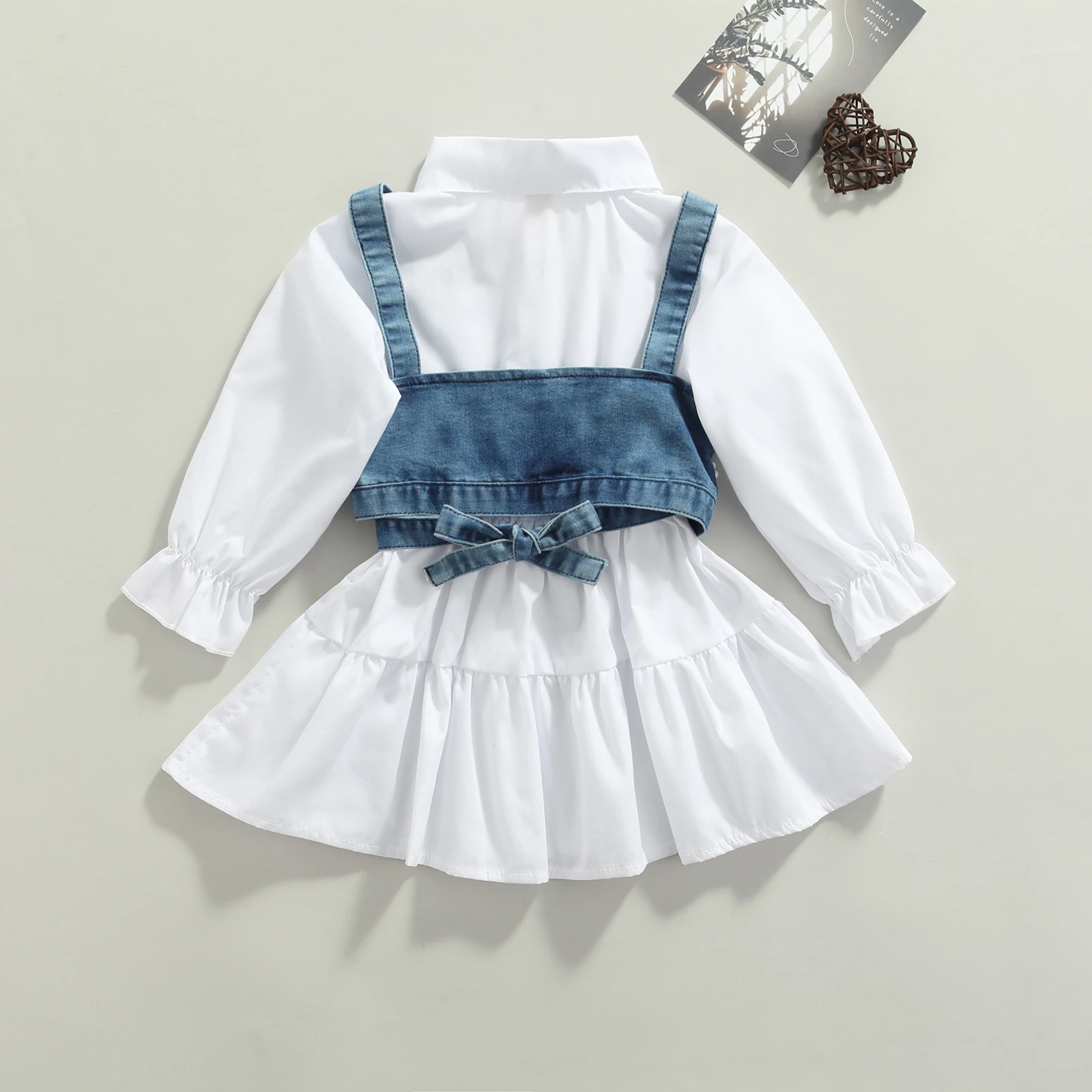 Kids Toddler Baby Girl Fall Outfit Long Sleeve Button Down Lapel Shirt Dress with Denim corset Vest 2pcs Clothing Set