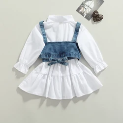 Kids Toddler Baby Girl Fall Outfit Long Sleeve Button Down Lapel Shirt Dress with Denim corset Vest 2pcs Clothing Set