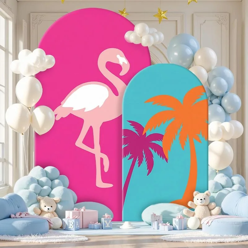 Elastic Double-layer Arch Backdrop Cover Tropical Flamingo Palm Tree Backdrop Panels for Party Decorations Vibrant Pink Blue