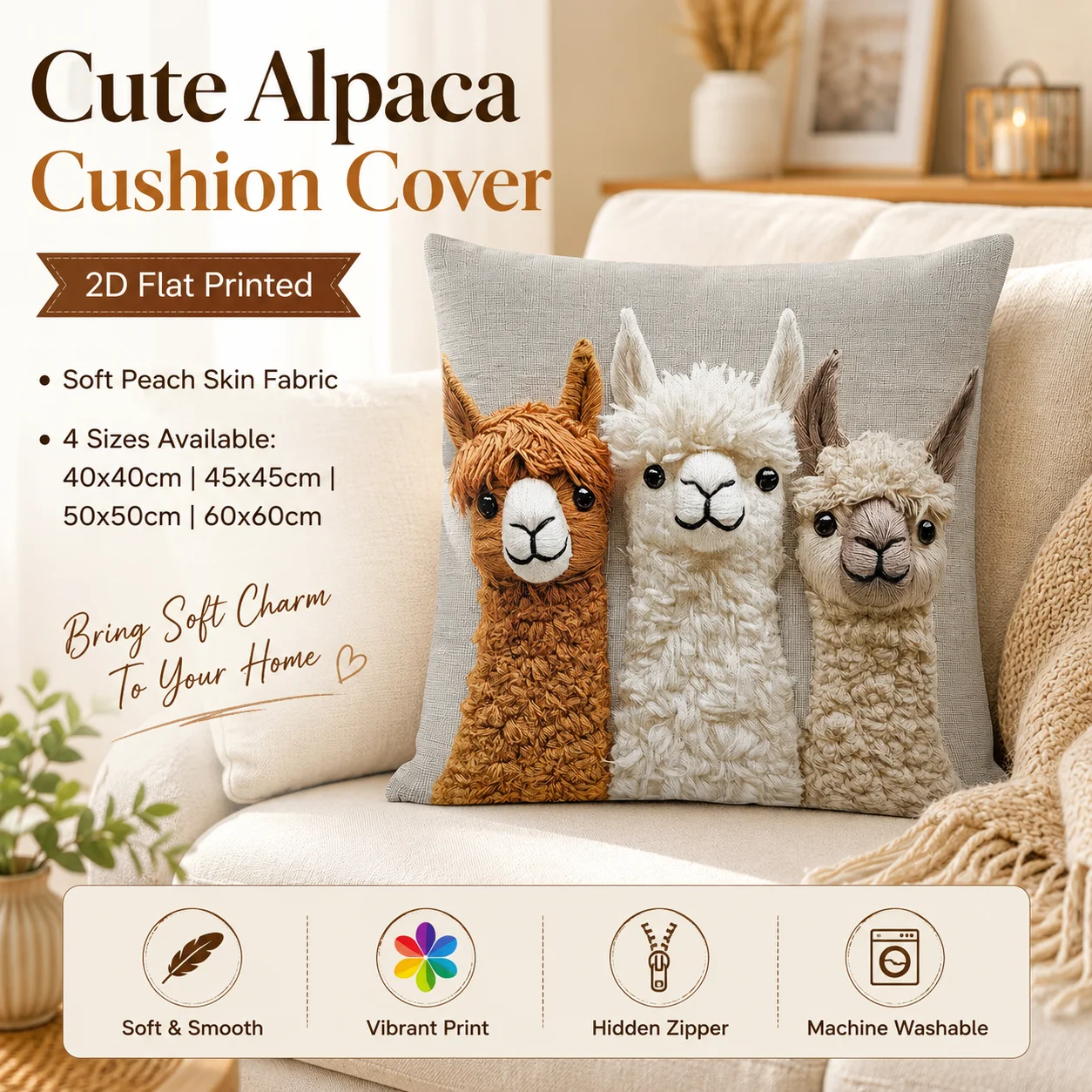 

Cute Alpaca Llama 2D Flat Printed Pillowcase Soft Peach Skin Fabric Cushion Cover for Sofa Bed Living Room Home Decor Gift