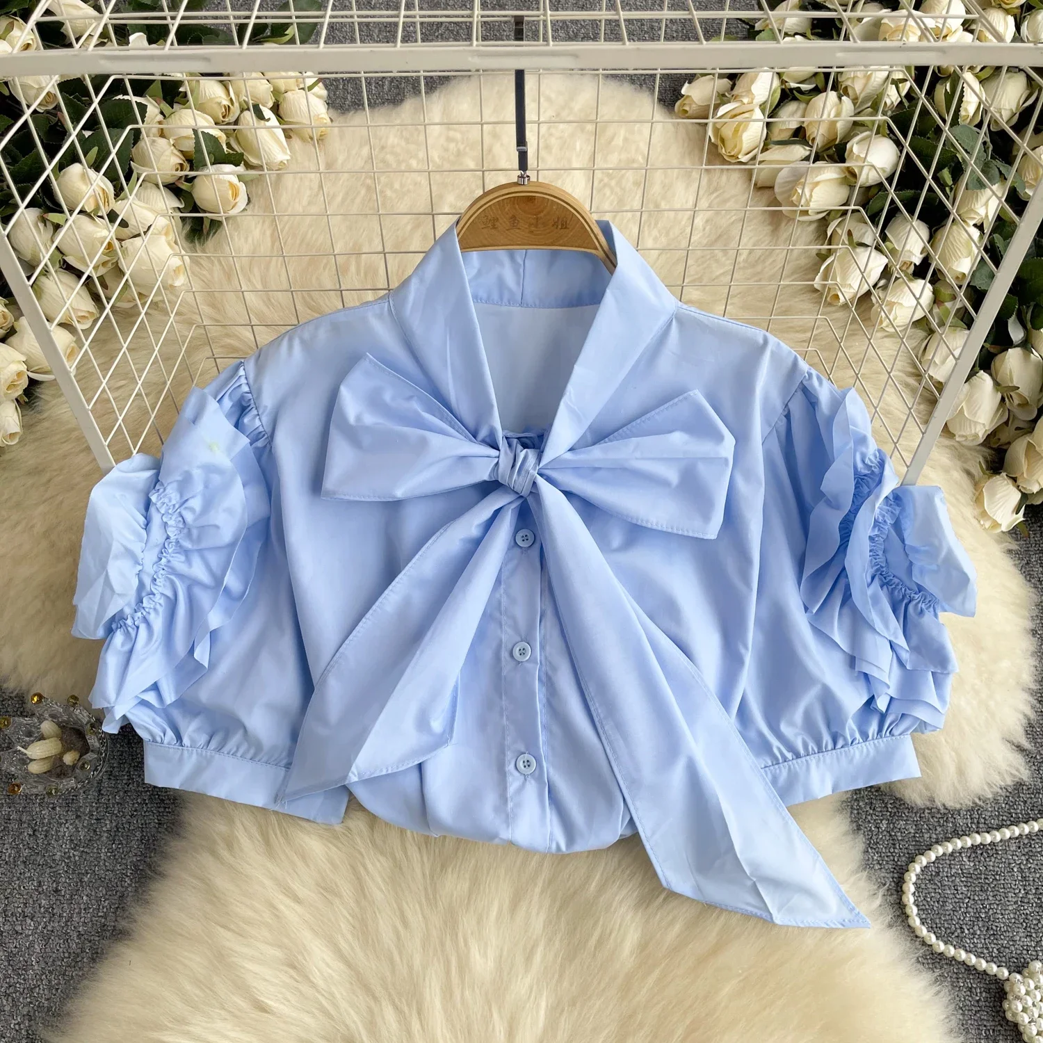 2024 France Chic Women Blouse Bow Collar 3D Flower Short Puff Sleeve Single Breasted Summer Streetwear Gentle OL Loose Tops