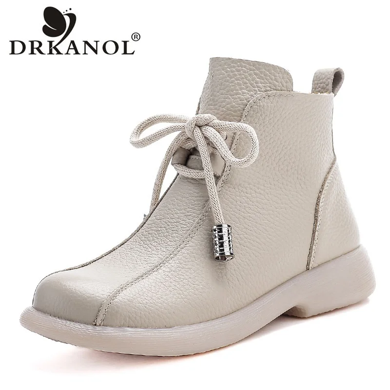 

DRKANOL 2026 Genuine Leather Snow Boots Winter Warm Shoes Solid Color Round Toe Flats Heel Side Zipper Plush Fur Cotton Boots