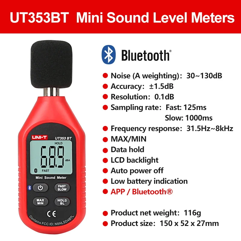 UNI-T Ut353 Digitale Geluidsniveau Meter Ut353bt Noisemeter 30-130db Decibel Tester Ruis Audio Detector Bluetooth