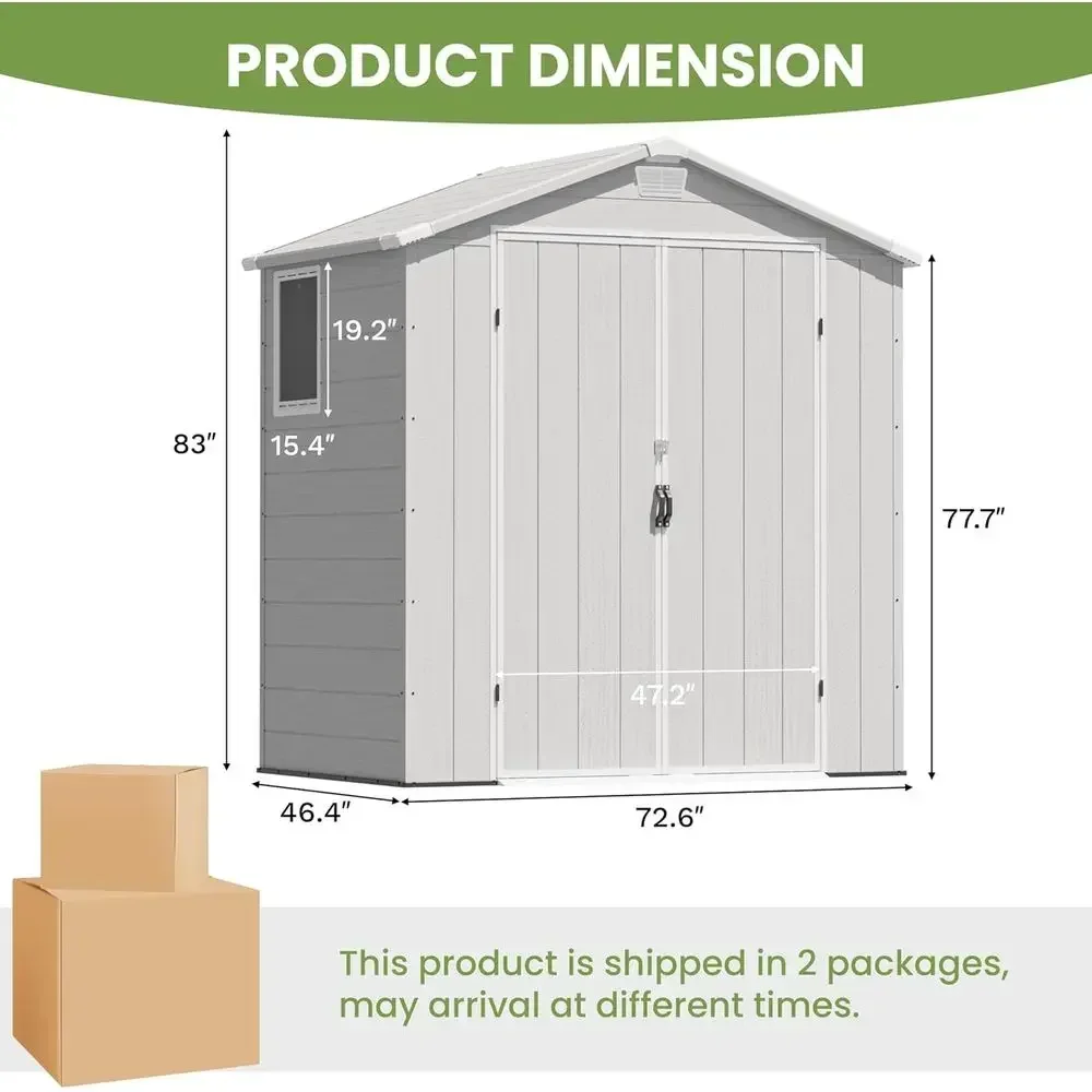 Light Gray 6x4T Outdoor Plastic Storage Shed with Floor, Lockable Double Doors, Window, and Vents for Garden, Backyard, or Patio